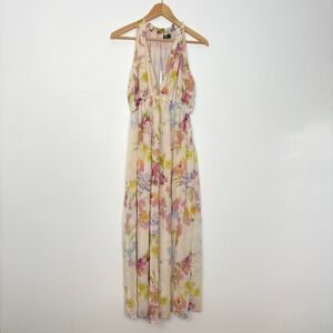 ZARA Womens Floral Chiffon Maxi Dress Small Sleeveless Halter Elastic Waist Boho